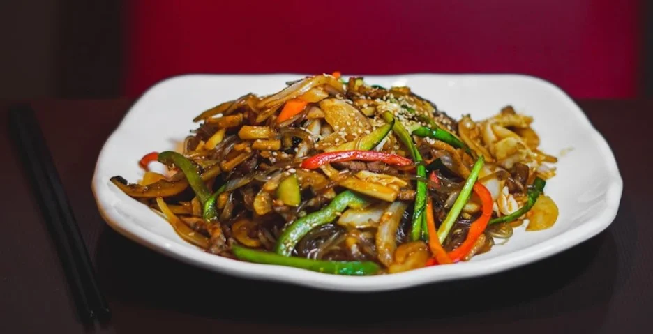 Jab Chae (Korean glass noodles) at Rae Mi Hyang Edmonton - stir-fried sweet potato noodles with vegetables